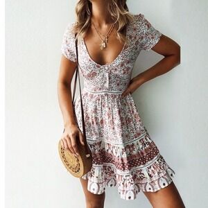 Shareen Collections Australia Floral Boho Mini Dress Pink White Size AUS 8